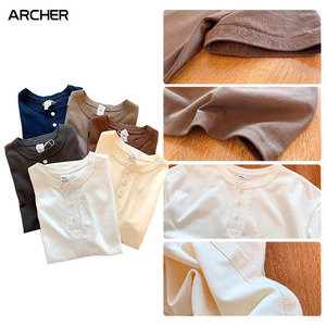 <span class=keywords><strong>Camiseta</strong></span> Henley de Manga Corta para Hombre, Diseño Liso, Estilo Retro Americano, 100% Algodón, 300 g/m², Corte Holgado e Informal, Nueva Colección 2026 - Product Image 1