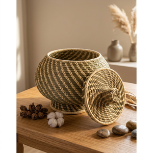Handwoven Grass <b>Round</b> <b>Basket</b> with Festive Trim Eco-Friendly Stylish Storage From Orissa - Product Image 2