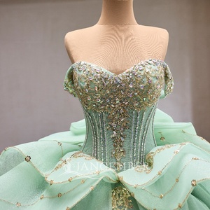 Rsm261096 Romantic Beaded Corset Gold Lace Applique Mint Green <b>Glitter</b> Tulle <b>Ball</b> Gown Quinceanera Dress Jancember - Product Image 5