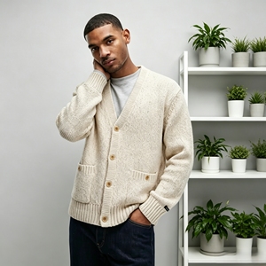 <span class=keywords><strong>Cardigan</strong></span> da Uomo Personalizzati Lunghi Colorati Crema Trasparenti di Alta Qualità con Bottoni e Vestibilità Aderente in Vita - Product Image 1