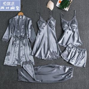 Vente chaude pyjamas imprimés non élastiques <span class=keywords><strong>ensemble</strong></span> 5 pièces <span class=keywords><strong>satin</strong></span> floral sexy <span class=keywords><strong>noir</strong></span> pyjamas contraste couleur femmes chemise de nuit - Product Image 4