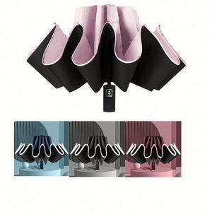 Parapluie inversé compact à ouverture automatique pour la pluie et la protection UV, parapluies pliants inversés avec bande réfléchissante de sécurité - Product Image 1