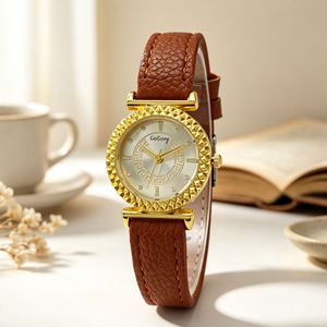Elegante Reloj de Cuarzo Vintage para Mujer de Oficina, con Esfera Redonda con Patrón Griego, Bisel Dorado y Correa de Cuero, para Uso Diario, Casual y de Negocios - Product Image 2
