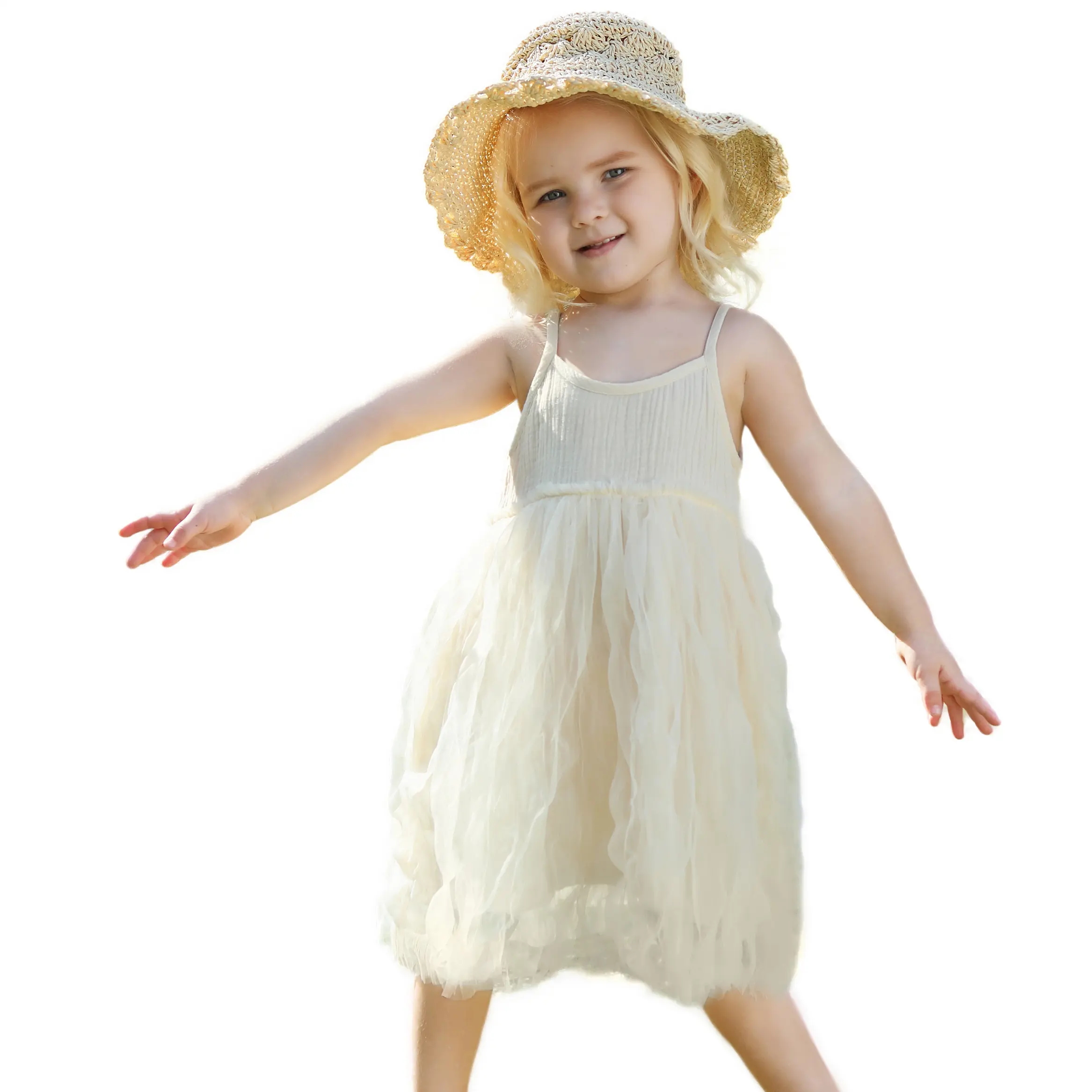 Custom INS Tutu Muslin gaun anak-anak tanpa lengan Linen katun musim panas gadis kecil gaun Tulle butik gaun anak-anak