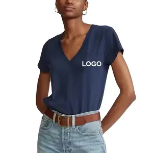 Fashion Casual Custom Logo Designer V neck Blank T-shirts Cotton Plain Slim Fit Tee Printing Embroidery T Shirts For Women