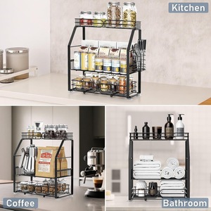 Three Tiered Spice Rack Carbon Steel <b>Kitchen</b> Countertop Organizer Multi Function <b>Storage</b> Shelf With Suction Cups - Product Image 2