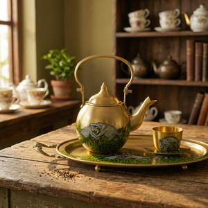 Théière vintage en laiton avec couvercle et poignée, motif éléphant vert, pour les fêtes - Product Image 2