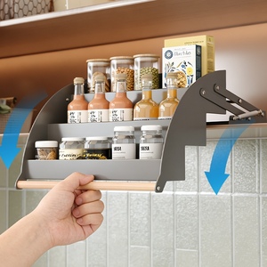 Sistema di Sollevamento Senza Foratura, Organizzatore <span class=keywords><strong>a</strong></span> 3 Ripiani per Armadi da <span class=keywords><strong>Cucina</strong></span> con Maniglia in Legno, Portaspezie Estraibile <span class=keywords><strong>a</strong></span> Parete - Product Image 2