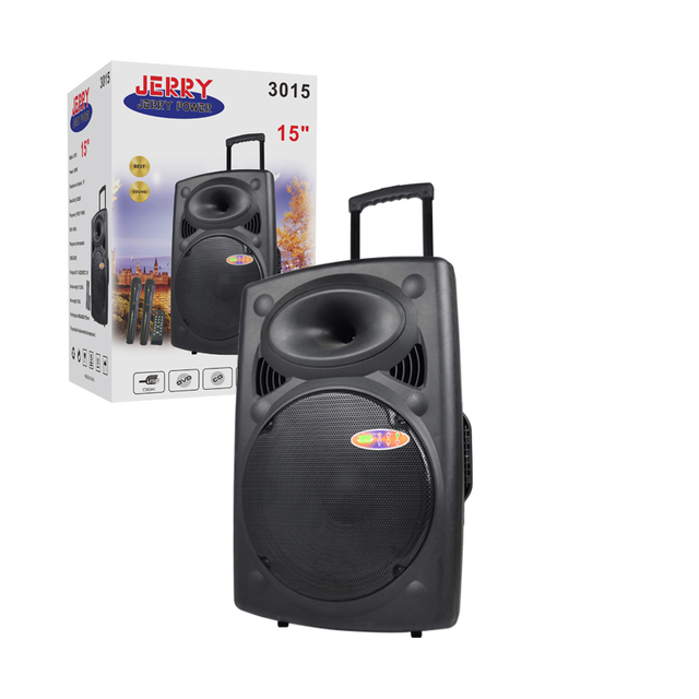 JERRY POWER 15 Inch Portable Rechargeable Power Wireless Microphone Trolley Speakers with USB TF FM Bluetooth AUX