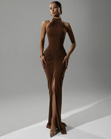 Robe longue sexy pour femme, style licou, froncée, avec fermeture éclair au dos, sans manches, coupe ajustée, fendue, pour soirée, club et fête