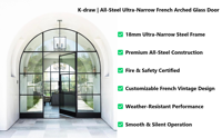 Puerta de Acero Kdraw-STEEL de Lujo, Hecha a Mano, Diseño Francés, Resistente al Viento, con Ventanas de Vidrio Templado de Seguridad
