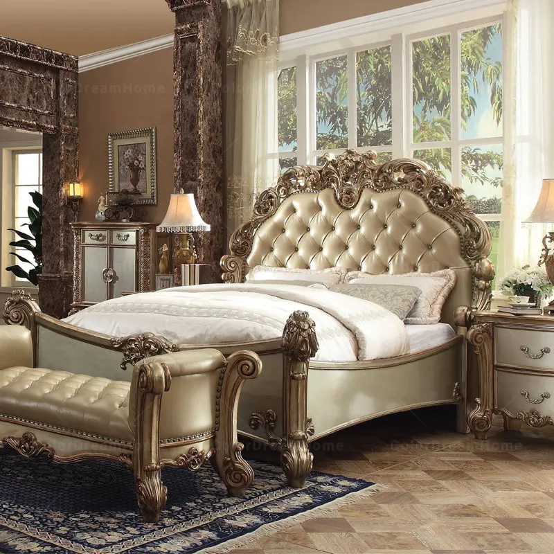 European Royal Design Holz Schlafzimmer möbel Amerikanischer Luxus Gold Holz geschnitztes Bett mit Leder Kopfteil