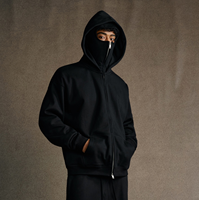 Sweat-shirt à capuche avec masque intégré 340g pour homme, coupe ample, couleur unie, personnalisable, coupe épaules tombantes, coupe-vent, fermeture éclair, collection automne