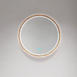 Cermin mandi Modern yang dipasang di dinding anti-kabut saklar Sensor sentuh berbingkai kayu bulat LED bercahaya cermin kamar mandi