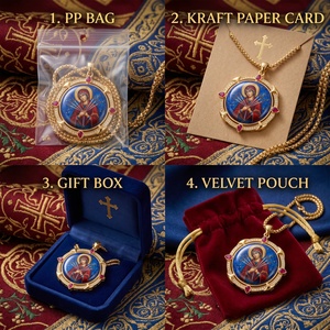 Colgante Religioso de Latón con Lapislázuli, Suavizante de Corazones Malvados, Regalo Curativo para la Paz Interior, 7 Espadas, Ícono Pintado a Mano, Cadena Figaro - Product Image 4