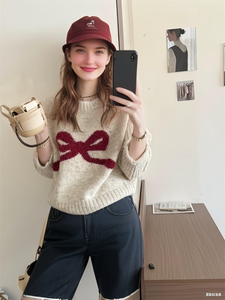 Hàn Quốc 2025 Mùa Thu/Mùa Đông phong cách mới giảm tuổi Bow Vòng cổ dài tay áo dệt kim áo len của phụ nữ đa năng - Product Image 3
