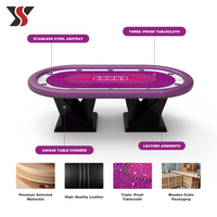 Table de poker YS OEM Texas avec pieds triangulaires, tapis violet, plateau en marbre, 10 porte-gobelets, accoudoirs en cuir, style casino