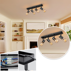 Spot de <span class=keywords><strong>plafond</strong></span> E27 vintage noir en bois et métal, 4 lumières rotatives, montage en surface, idéal pour salon, chambre à coucher, intérieur – Vente directe usine - Product Image 6