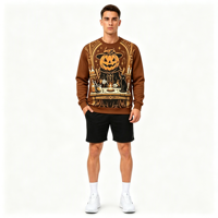 Sweat-shirt à col rond pour homme en polyester personnalisé avec sublimation, motif citrouille sorcier, impression intégrale pour Halloween
