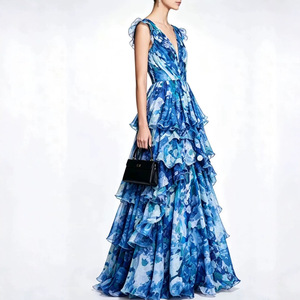 Vestido de noche para mujer con estampado floral, cuello en V, cintura imperio, plisado, vestido largo a capas, vestido largo de moda para fiesta - Product Image 4