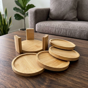 Ensemble de sous-verres ronds en bambou avec support en bois, sous-verres naturels écologiques, protection de table, décoration pour la maison et la cuisine - Product Image 5