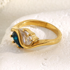18K Gold Plated Stainless Steel Finger <b>Ring</b> Two Tone Blue White Crystal Prong Setting Curved Band <b>Statement</b> <b>Ring</b> For Women Party - Product Image 5
