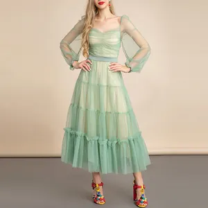 TWOTWINSTYLE Fashion Square Collar Lantern Sleeve High Waist Women Long Sleeve Maxi Dress