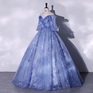 Off The Shoulder Ball Gown Gray Blue Floral Print Empire Waist Long Evening Dress For Women - Product Image 2