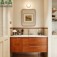 Kabinet Kamar Mandi Modern SLS Walnut dengan Wastafel Terintegrasi dan Laci Tempat Pengering Rambut, Model Gantung di Dinding
