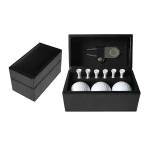 Custom Luxury PU Leather Golf Ball Gift Set Box Golf Tool Set Tees Ball Divot Tool Golf Premium Leather Wooden Gift Box