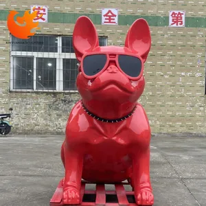 Escultura de perro de fibra de vidrio personalizada estatua de Bulldog Francés de resina roja de moda grande para decoración al aire libre