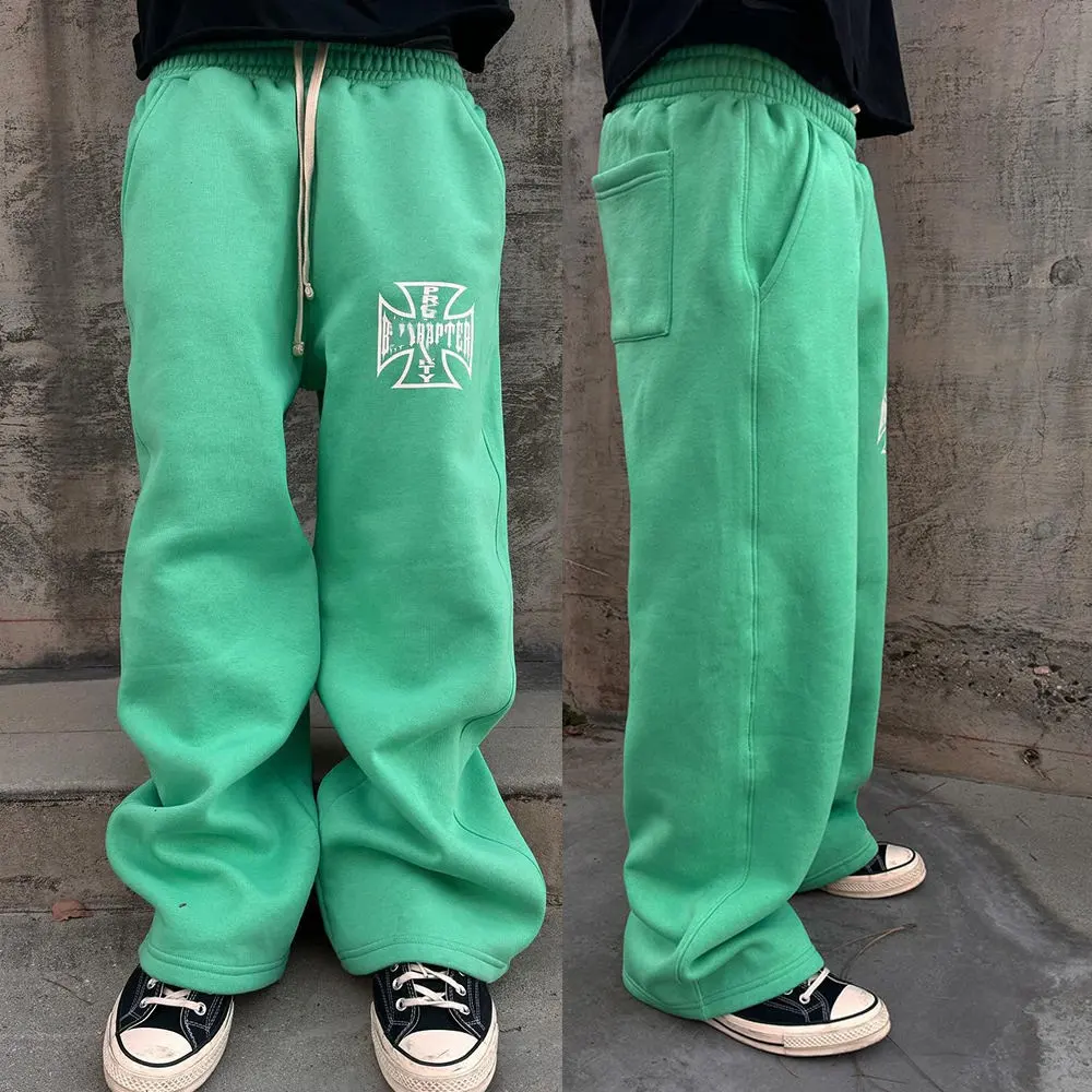 Pantalon de survêtement délavé à l'acide streetwear avec logo personnalisé Pantalon de survêtement baggy vintage lourd à jambes droites évasées pour hommes