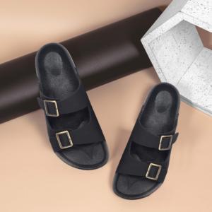 Sandales classiques noires à double boucle, bout ouvert, dessus synthétique, semelle extérieure en liège, pantoufles d'été antidérapantes avec doublure en EVA - Product Image 4