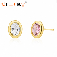 LUCKYJIU Fabricant de bijoux personnalisés – Boucles d'oreilles ovales en acier inoxydable plaqué or 18 carats, étanches, avec 12 pierres de naissance serties de zircone cubique pour femme
