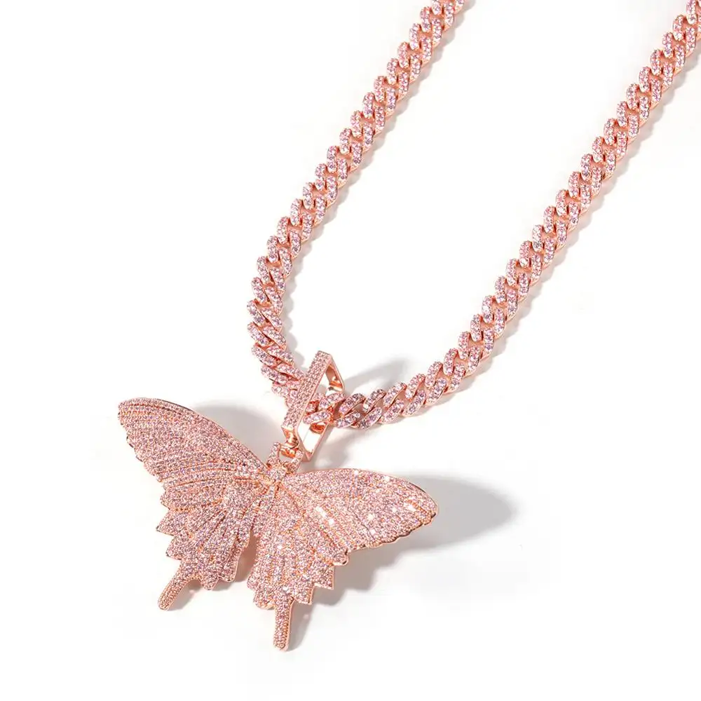 Es Keluar Rantai Berlapis Emas 18K Sepenuhnya CZ Disimulasikan Diamond Pink Butterfly Hip Hop Tergantung Kalung untuk Pria Wanita hadiah untuk Kekasih