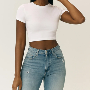 Toptan egzersiz bayanlar düz nefes kırpma üst T Shirt kırpılmış pamuk mahsul bayan t-shirt - Product Image 2