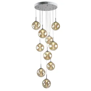 Lustre en verre de luxe éclairage gris fantaisie escalier cristal LED blanc moderne suspension boule de verre lampe en métal