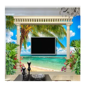 KOMNNI Papel De Parede Personalizado Cartaz Coluna Romana Praia Vista Mar 3D Mural Para Sala de estar TV Sofá Home Decor Fundo Murais