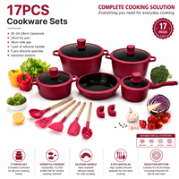 Ensemble de casseroles et poêles en marbre antiadhésif personnalisé avec logo, 17 pièces, rouge rose, pour cuisinière à induction, pour la cuisine à domicile