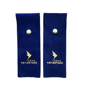 Navy Blue Gold Printing Flap Velour Velvet Pouch with button