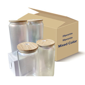 Vente chaude entrepôt USA : Verre canette 16oz transparent, forme café/soda, pour sublimation, irisé, avec couvercle en bambou et paille en plastique - Product Image 2