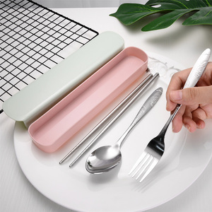 Stainless steel portable three-piece cutlery <b>set</b>, made with wheat straw, boxed <b>fork</b>, <b>spoon</b>, <b>and</b> chopsticks, a gift <b>set</b>. - Product Image 1