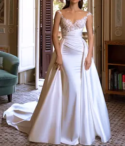 الدانتيل زين حورية البحر العروس 2 في 1 تنورة قابلة للفصل ، قبعة بأكمام فساتين الزفاف مع قطار طويل