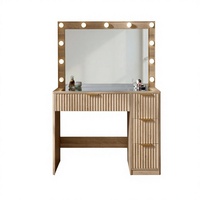 Coiffeuse moderne cannelée avec grand miroir lumineux, plateau en verre, 4 tiroirs, en panneau de particules, station de charge, pour femmes et filles