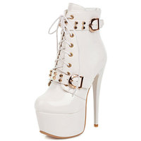 Bottines d'hiver pour femmes, à fermeture éclair, couleur unie, talons très hauts, bout en cuir verni, noir, blanc, rouge, chaussures de club, grande taille 48