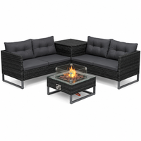 Ensemble de meubles d'extérieur en rotin de luxe, 4 pièces, ensemble de patio avec table de foyer au propane et protection en verre pour terrasse arrière-cour