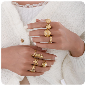 Étanche 18K Plaqué Or Acier Inoxydable Style Océan Étoile De Mer Hippocampe Coquille Ouvert <span class=keywords><strong>Anneau</strong></span> Réglable pour Femmes Bijoux De Mode - Product Image 5