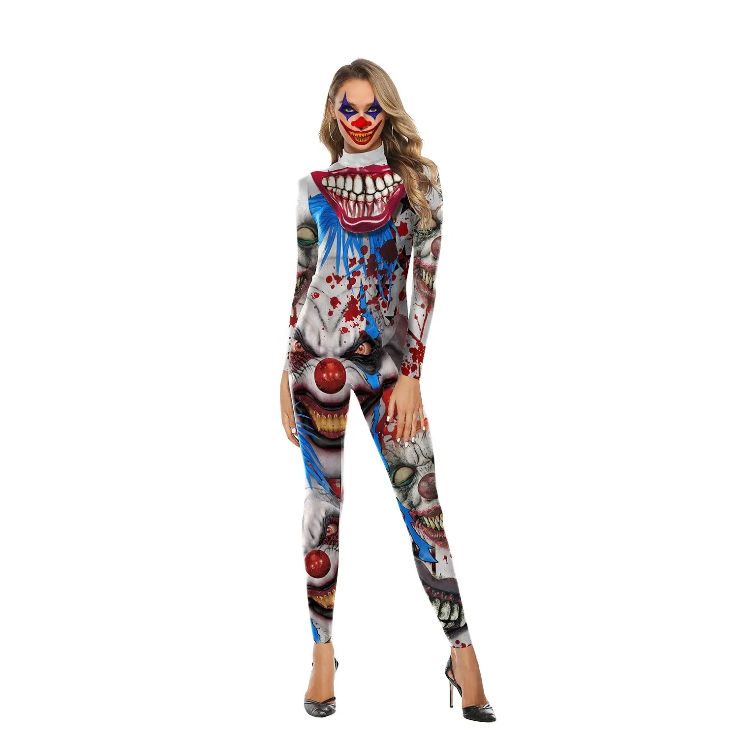 2019 New Party cosplay Joker Clown Terror Face Halloween costume Printed Adult Zipper Women Fashion Jumpsuit