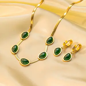 Gold Plated Titanium Stainless Steel Flat Snake Necklace Emerald Clavicle Chain Bracelet Earrings Jewelry Set for Women