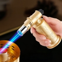 Briquet gonflable coupe-vent pour la cuisine en plein air, flamme bleue réglable, portable, rechargeable au butane, torche à jet pour le camping et le barbecue